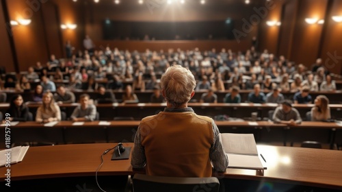 Senior professor talking in university lecture hall to students