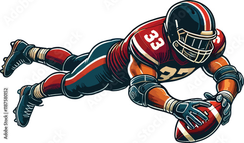 A linebacker diving to make a tackle, with dynamic action lines and dust particles in a flat-style composition