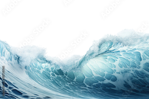 Powerful ocean wave crashing with vibrant blue tones and frothy white spray on a bright day photo