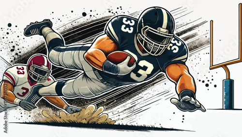 A linebacker diving to make a tackle, with dynamic action lines and dust particles in a flat-style composition