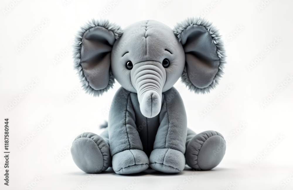 Adorable gray stuffed elephant toy sits on white background. Fluffy ears, soft body. Cute design perfect for children. Playful animal character. Great for nursery decoration. Sweet, cheerful toy Adorable gray stuffed elephant toy sits on white background. Fluffy ears, soft body. Cute design perfect for children. Playful animal character. Great for nursery decoration. Sweet, cheerful toy