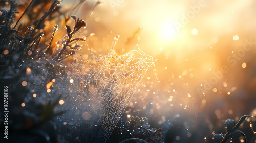 A spider web covered in dew drops, glistening in the morning sunlight. Dewfall. Illustration photo