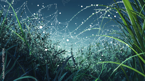 Ai generated illustration of a dew-covered spider web on grass. Dewfall. Illustration photo