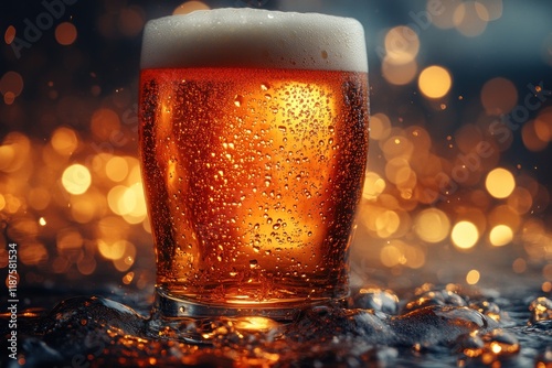 Closeup of frothy golden beer in glass with bubbles and condensation on yellow background for Oktoberfest and St Patrick Day celebration photo