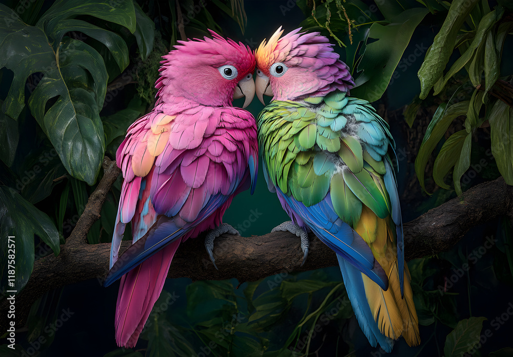 Fototapeta premium Close-Up of Two Vibrant Tropical Parrots with Multicolored Feathers Perched Together in a Lush Jungle Setting