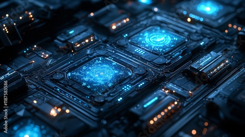 Futuristic Winter Wonderland: Snow-Covered Tech Interfaces with Glowing Blue Holographic Elements