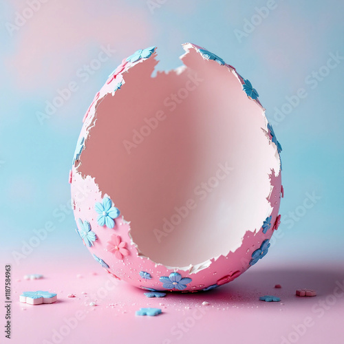 A vibrant pink and blue Easter egg cracked in half, showcasing empty space perfect for text or product placement. Ideal for spring and Easter-themed designs. photo