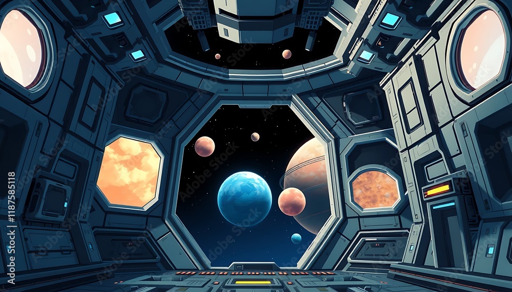 Spaceship Interior View Multiple Planets Cosmic Scene Futuristic Style Spaceship Interior View Multiple Planets Cosmic Scene Futuristic Style
