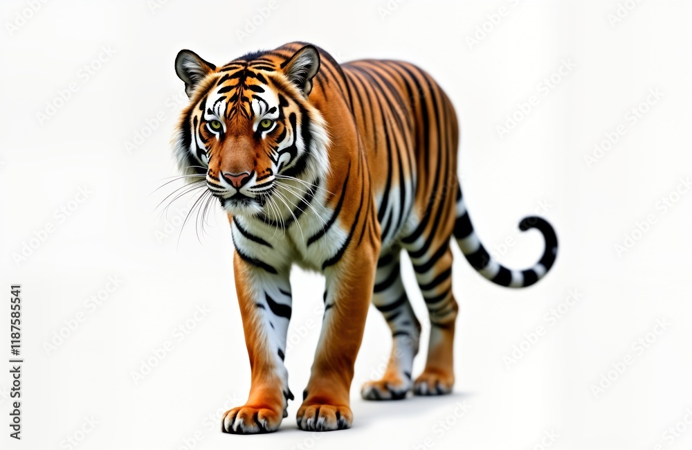 Obraz premium Powerful bengal tiger walks against transparent background. Majestic creature with orange, black stripes displays strength, alertness. Wildcat moves forward showing predator nature. Image isolated,
