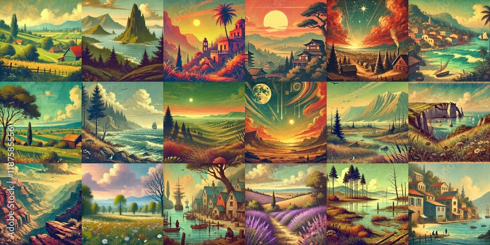 Fototapeta premium Landscapes in vintage cartoon style. AI generated illustration