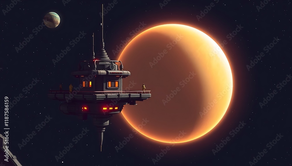Naklejka premium Space Station Orbiting Orange Planet Stellar Background Dark Atmosphere