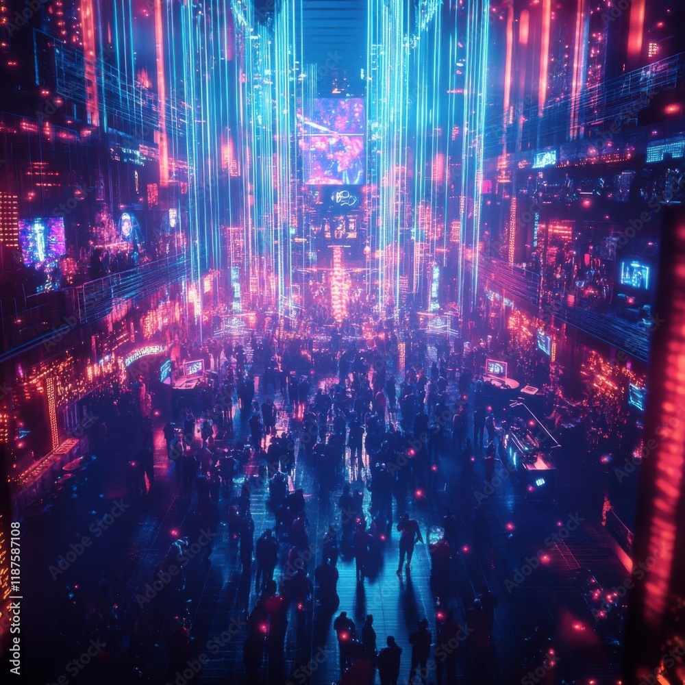 Vibrant Cityscape with Neon Lights and Crowded Atmosphere