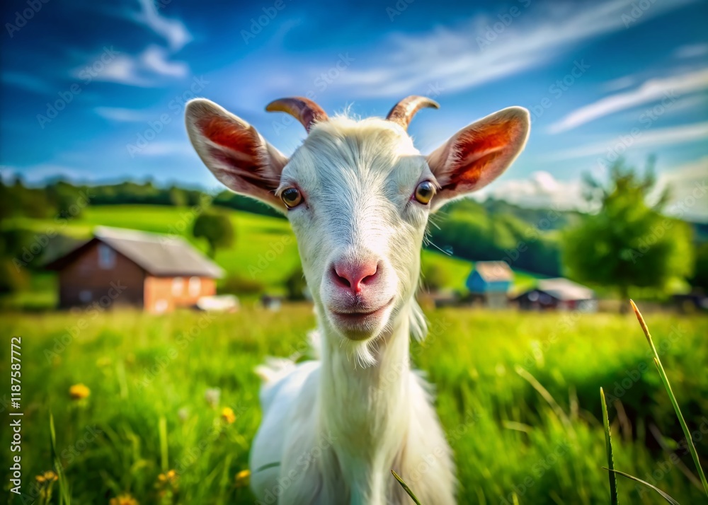 Adorable White Goat with Beard in Summer Meadow - Cute Farm Animal Stock Photo Adorable White Goat with Beard in Summer Meadow - Cute Farm Animal Stock Photo