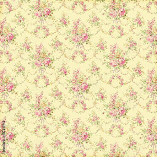 Vintage floral bouquet wallpaper pattern in pastel pink and green on cream background. Ideal for shabby chic décor, textiles, wrapping paper, and feminine designs.