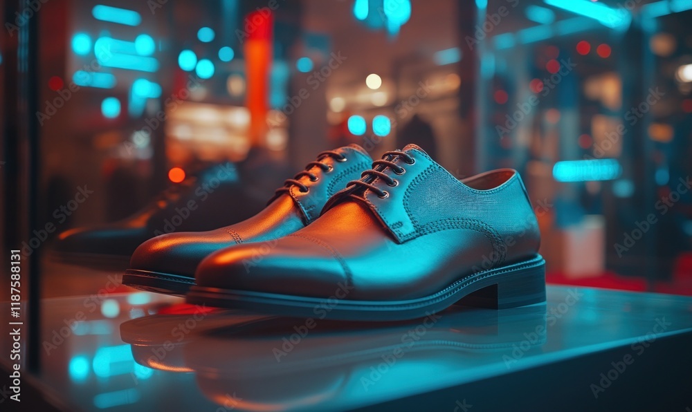 Polished men's leather oxfords displayed in a brightly lit shop window. Polished men's leather oxfords displayed in a brightly lit shop window.