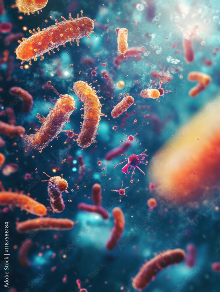 Swirling bacteria and microbes in vibrant liquid environment capturing movement and life in microscopic world. Generative AI Swirling bacteria and microbes in vibrant liquid environment capturing movement and life in microscopic world. Generative AI