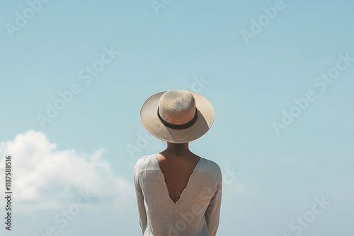 Man with Cloud Symbolizing Distraction in a Tranquil Minimalist Scene photo