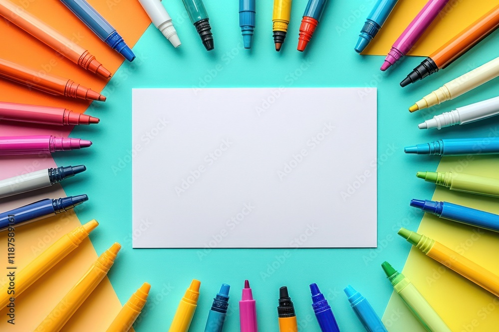 Fototapeta premium Colorful Markers Surrounding Blank White Paper on Child's Desk for Drawing and Creativity