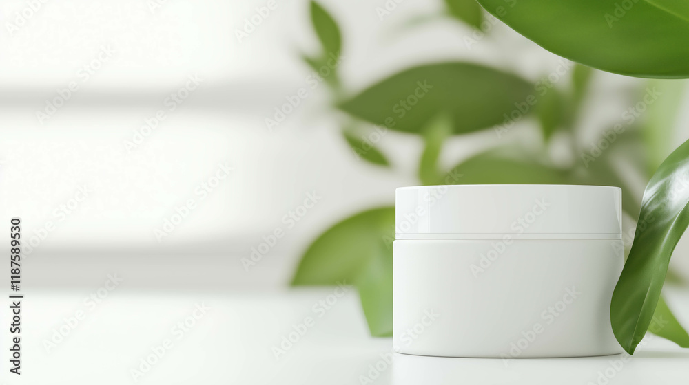 High-quality mockup of a skincare jar and box surrounded by lush greenery