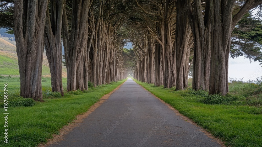 Obraz premium Coastal tree tunnel road, scenic drive, fog, pasture