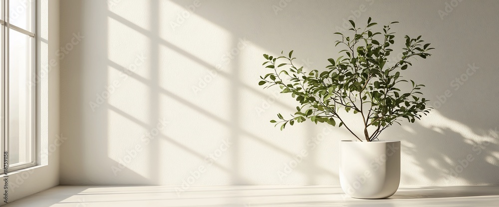 Minimalist plant in a white pot by a window. Minimalist plant in a white pot by a window.