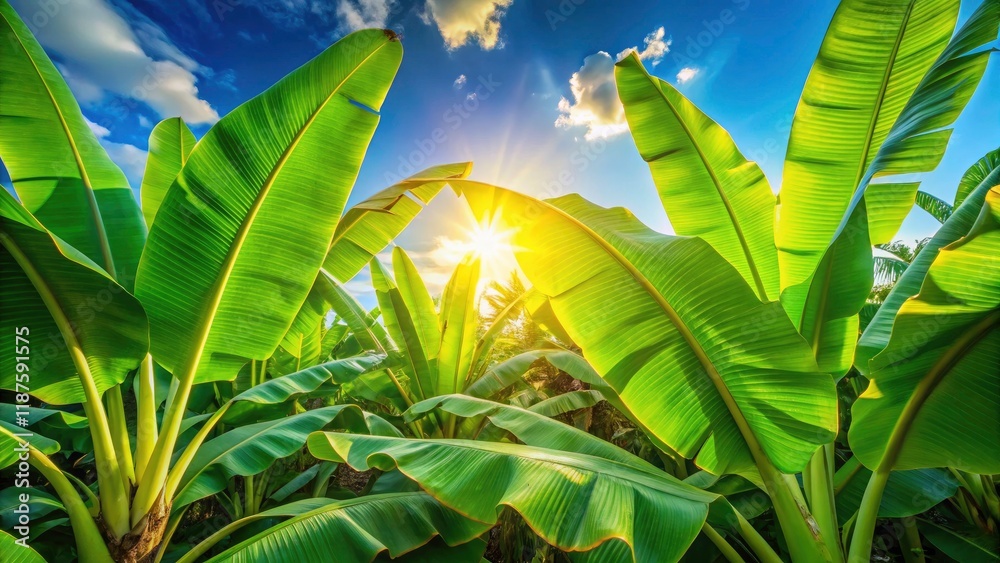 Obraz premium Banana Palm Leaves Blue Sky High Depth of Field Photography Stock Image