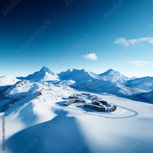 Snowcovered mountains, aerial view of luxury resort, skiing trails visible, 3D illustration photo