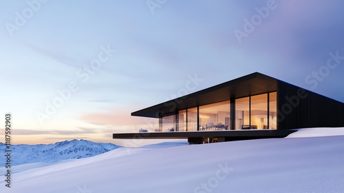 Luxurious skiin, skiout chalet perched on a hill, with skiers passing by and panoramic views of a snowy mountain backdrop photo