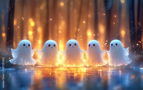 Cute Cartoon Ghosts Halloween Dancing Minimal Line Art Soft Pastel Colors photo