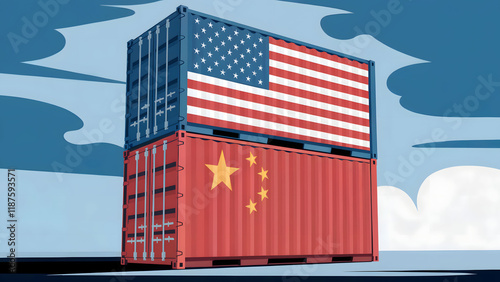 Illustration of U.S.-China Trade Rivalry Depicted Through Stacked Cargo Containers with National Flags