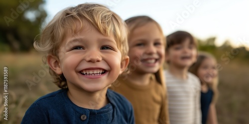 A group of happy children joyfully smiles at the camera, surrounded by nature, embodying innocence, friendship, and the carefree spirit of childhood.
