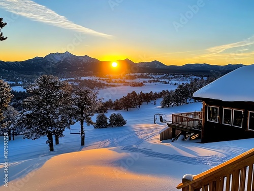 Frostcovered pine trees under a golden sunrise, framing a distant view of a cozy mountain lodge nestled in the snowy landscape photo