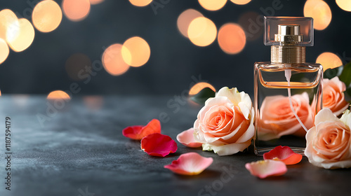 Elegant perfume bottle with roses and petals on dark background with bokeh lights. photo