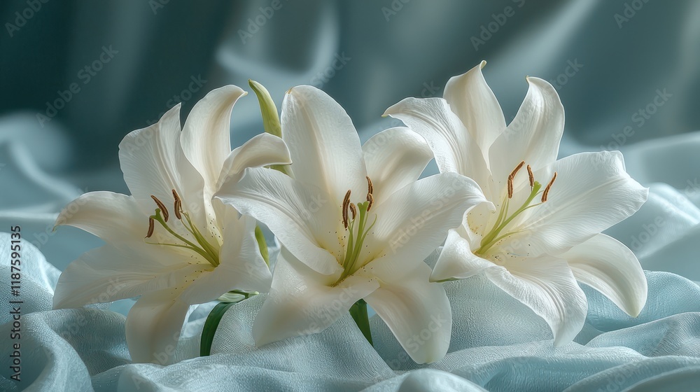 Fototapeta premium Elegant white lilies on soft fabric background.