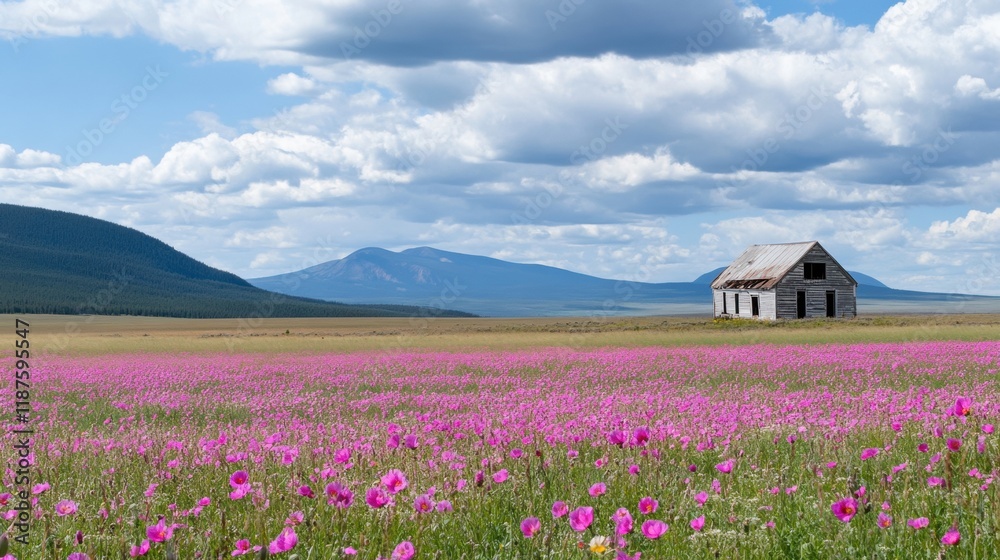 An old, weathered house stands alone in a field of colorful wildflowers, with mountains rising in the background under a clear blue sky An old, weathered house stands alone in a field of colorful wildflowers, with mountains rising in the background under a clear blue sky