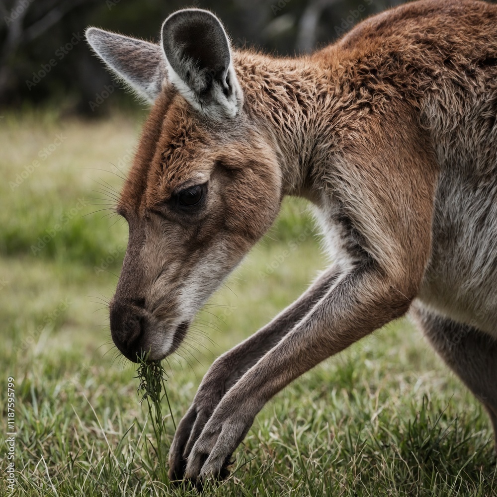 A kangaroo grazing, its fur detailed against a stark white background. A kangaroo grazing, its fur detailed against a stark white background.