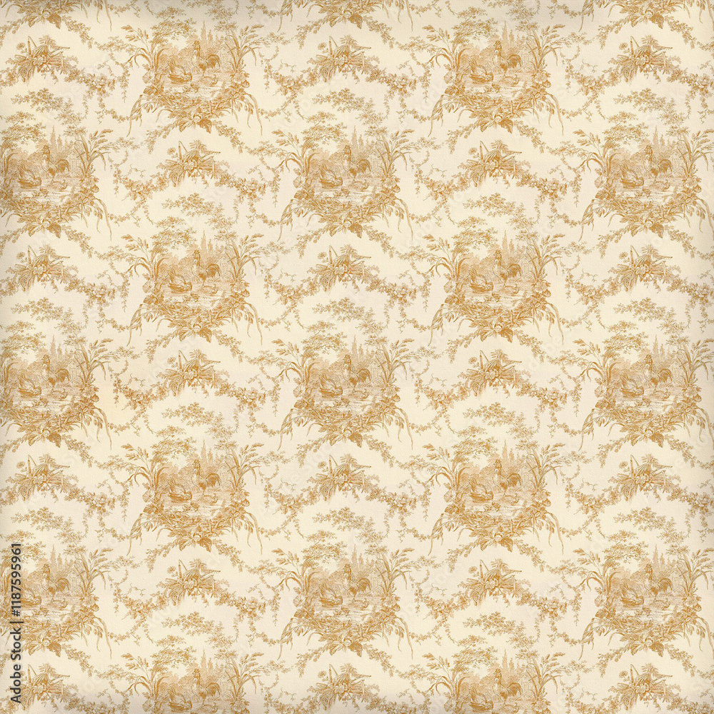 Antique toile-inspired pattern in warm sepia tones featuring pastoral scenes and floral motifs. Great for classic wallpapers, heritage décor, textiles, and vintage designs.