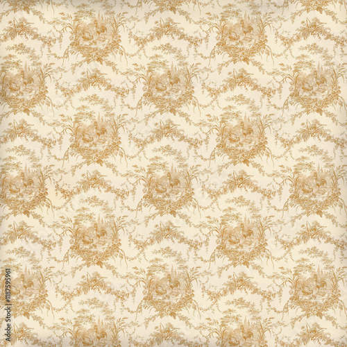 Antique toile-inspired pattern in warm sepia tones featuring pastoral scenes and floral motifs. Great for classic wallpapers, heritage décor, textiles, and vintage designs.