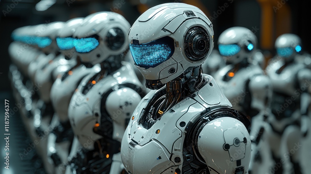 Futuristic robots lined up in a high-tech facility. Futuristic robots lined up in a high-tech facility.