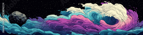 Stunning Cosmic Wave Art with Vibrant Colours, Space Rocks, and Night Sky – Explore Surreal Astrophotography Aesthetic in Universe-Themed Digital Artwork