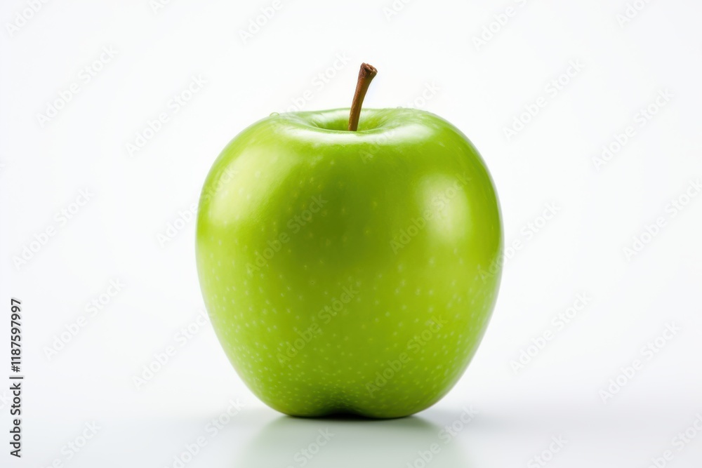 Fresh green apple displayed on a light background, highlighting its shiny skin and natural color during a bright lighting Fresh green apple displayed on a light background, highlighting its shiny skin and natural color during a bright lighting