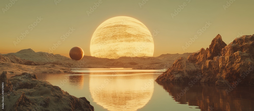 Fototapeta premium Alien sunset, moon, lake, rocks, sci-fi