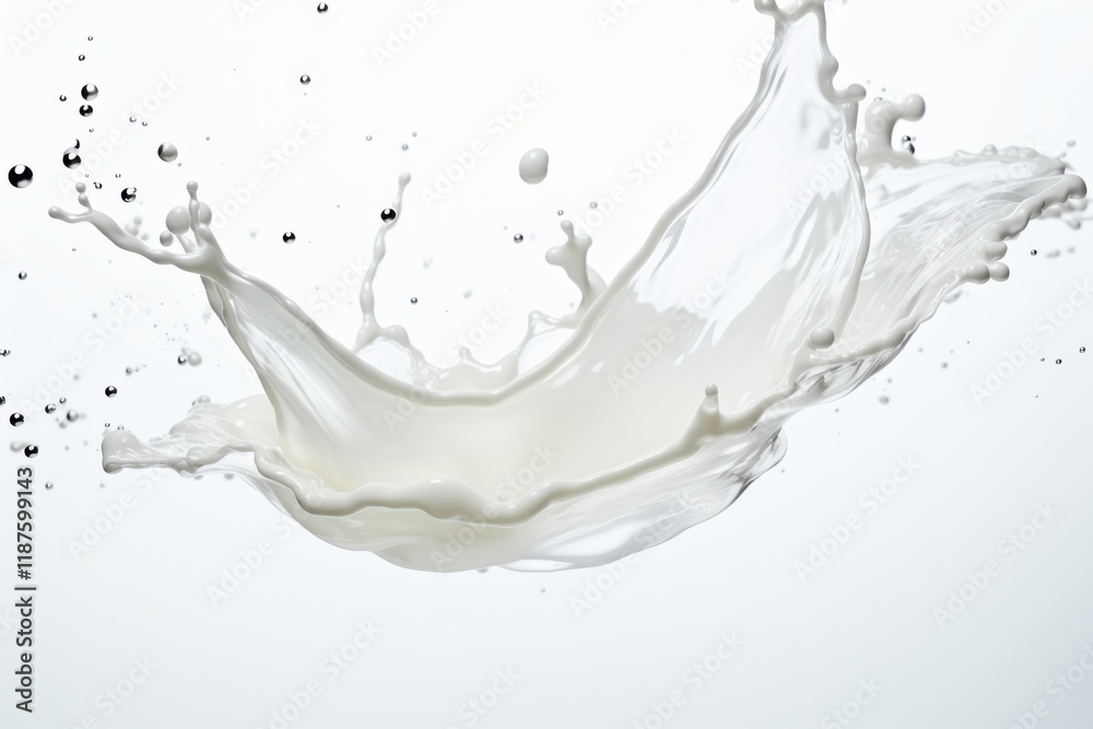 Milk splash captured in motion with droplets flying through the air against a white background Milk splash captured in motion with droplets flying through the air against a white background