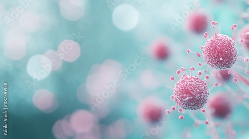 Detailed representation of red virus particles showcasing their surface features and surrounding environment under a microscope