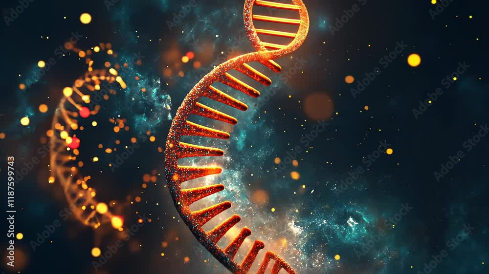DNA double helix genetic material. Gene sequencing abstract design. Floating in space background, 
science, abstract, biology, biotechnology, molecular, health, genetic