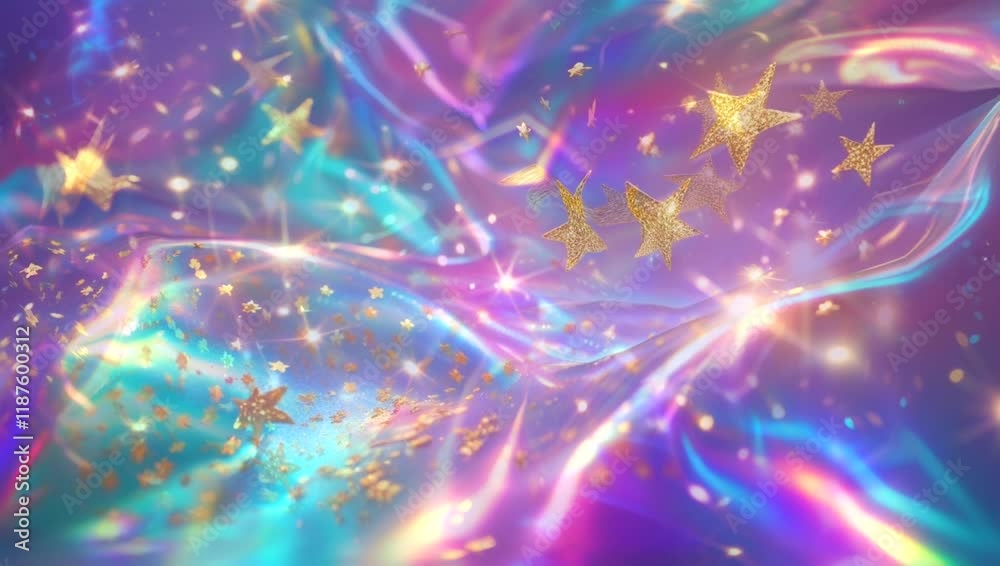Iridescent holographic abstract background with gold glitter stars. (1)