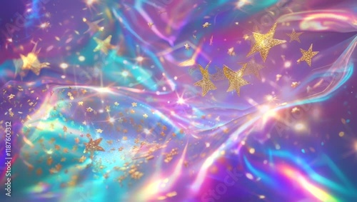 Iridescent holographic abstract background with gold glitter stars. (1)