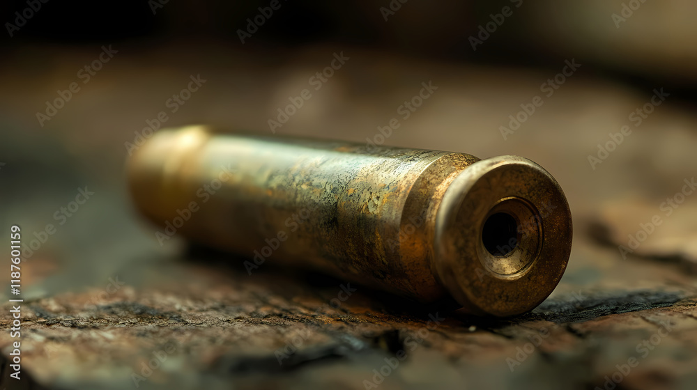 Close-up of a spent bullet casing. Rimefire. Illustration Close-up of a spent bullet casing. Rimefire. Illustration