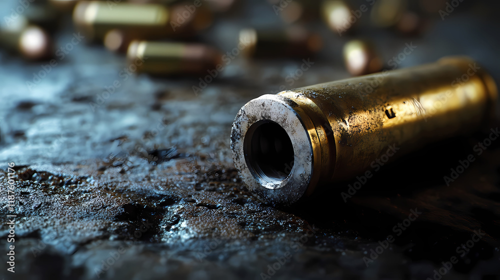 Close-up of a spent bullet casing. Rimefire. Illustration Close-up of a spent bullet casing. Rimefire. Illustration
