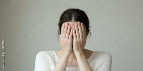 A woman covers her face with her hands, conveying strong emotions such as distress or embarrassment, illustrating the complexities of human feelings and personal moments in a subtle way. photo